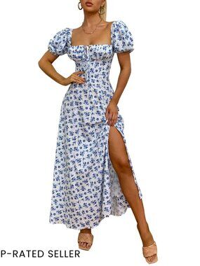 Puff Sleeve Floral Maxi Dress A-Line Backless High Slit Summer Elegant
